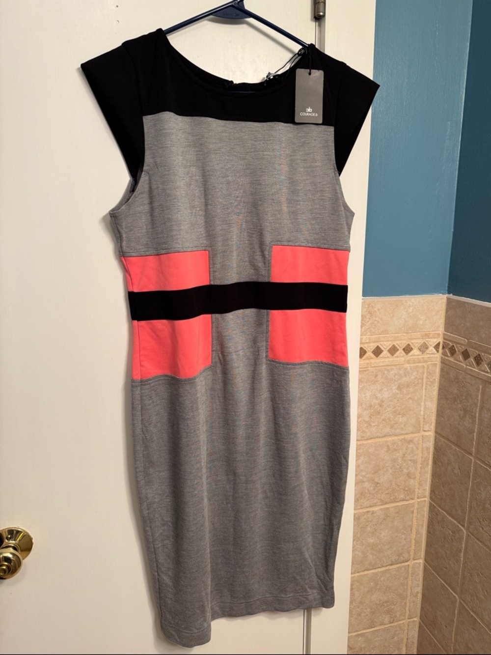 Courage.B Gray, Black & Coral Colorblock Midi Sheath Dress NWT
